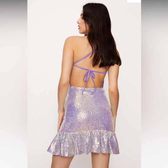 Nasty Gal Ruffle Hem Sequin Cami Mini Dress in Purple Size 2 - Picture 3 of 17
